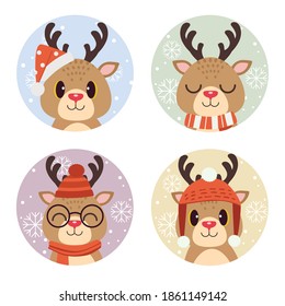 The character of cute reindeer in a circle with flat vector style. illustation about christmas and holiday for graphic, content,greeting card.