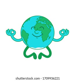 С Artoon Charakter des süßen Relax Planeten, blaue Erde, die in der Yoga die Lotusposition genießen. Moderne Vektorillustration Flach Design Illustration.