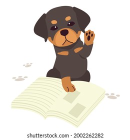 The character of cute rottweiler dog reading a book. illustation about education and learning.