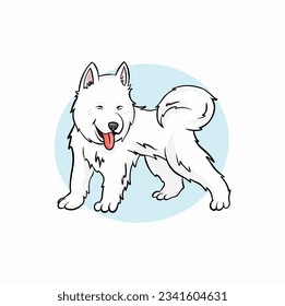 The character of cute samoyed dog on the blue background and show belly look cute pose in flat vector style.