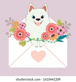 The character of cute samoyed dog sitting in the letter with heart sticker and flower in flat vector. Illustration about love and valentin's day.