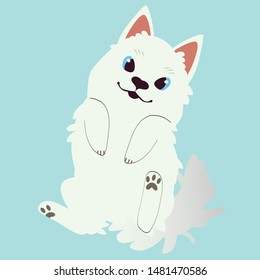 The Character Of Cute Samoyed Dog Sleeping On The Blue Background And Show Belly Look Cute Pose In Flat Vector Style. 