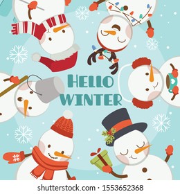 The character of cute snowman and friends in the blue frame say hello winter in flat vector style. Illustration about winter and christmas theme.