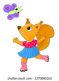 character cute squirrel roller skating and looking at a butterfly