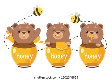 The character of cute teddy bear in the honey jar with the bee flying on the air with flat vector style. Graphic resource about content , banner, sticker label and greeting card.