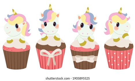 The character of cute unicorn with cupcake in flat vector style. illustation about birthday, valentine's day and holiday.