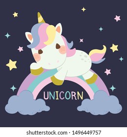 The character of cute unicorn sitting on the pastel rainbow and a blue cloud in the dark blue background with star in flat vector style.