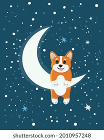 El carácter de un lindo cuerpo de cuerpo en media luna con una estrella. Ilustración de pancartas, pegatinas y afiches para los bebés. Fondo infantil.