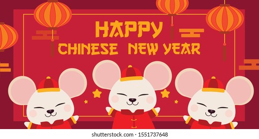 The character of cute white mouse wear chinese outfit in red background with lantern for chinese new year. The year of rat. Illustration for background, graphic,content , banner,greeting card. 