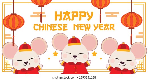 The character of cute white mouse wear chinese outfit with lantern in flat vector style. The year of rat. Illustation about chinese new year for background,content , banner, sticker label and greeting