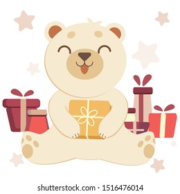 The character of cute white polar bear with a gift box in flat vector style.