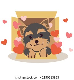 A Character Of Cute Yorkshire Terrier With Box And Heart In Flat Vector Style. Illustration About Pet And Animal.