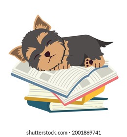 The character of cute yorkshire terrier dog sleeping on pile of book. illustation about education and learning.