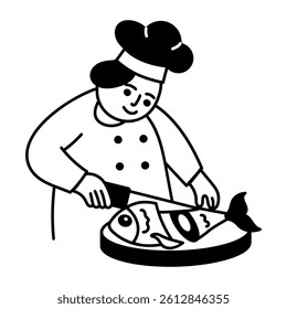 A character cutting fish with knife, hand drawn illustration 