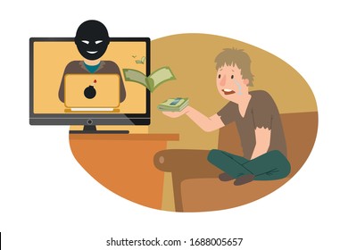 Character cyber cheater steal money, man cry, lost money in internet, web protection, insecure internet, isolated on white, flat vector illustraion. Hacker attack personal data, private information.