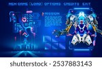 Character Cyborg in an abstract computer video game in menu frame, interface with buttons game menu. Interface computer video game about robotics battle. Screenshot of a video game. Pixels text menu.