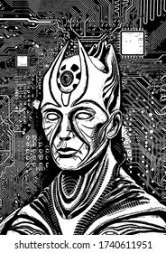 Character, cyborg, Pharaoh, ruler of an extraterrestrial race, in a biomechanical style, with small horns, a large eye, with mechanisms on the body, against the background of processors and chips.