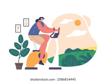 Character Cycling On Exercise Bike In Virtual Reality Pedaling Through Immersive Digital Landscapes, Technology