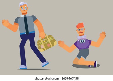 A character of dad farewell with his son, Sadly summertime theme. Simple character vector illustration, this illustration can use as a sticker also.