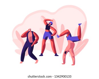 Character Dancing Extreme Breakdance on Street. Freestyle Music Cool Action Party. Young Man, Teenager Flexible Acrobatic. Motion, Activity Sport Dance. Flat Cartoon Vector Illustration