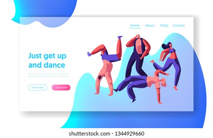 Character Dancing Extreme Breakdance on Street Landing Page. Freestyle Music Cool Action Party. Young Man, Teenager Flexible Acrobatic Website or Web Page. Flat Cartoon Vector Illustration