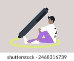 A character, deep in thought, sits calmly inside a yellow marker circle on the floor, protecting personal boundaries, private space indication