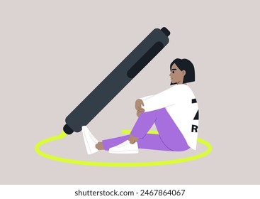 A character, deep in thought, sits calmly inside a yellow marker circle on the floor, protecting personal boundaries, private space indication