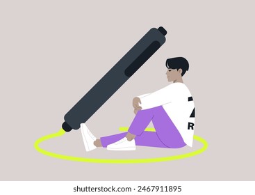 A character, deep in thought, sits calmly inside a yellow marker circle on the floor, protecting personal boundaries, private space indication