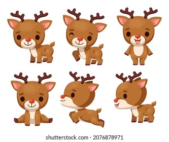 Character deer with a variety of poses and moods. Merry Christmas cutout element Holiday cards, invitations and website  celebration decoration. Vector illustration