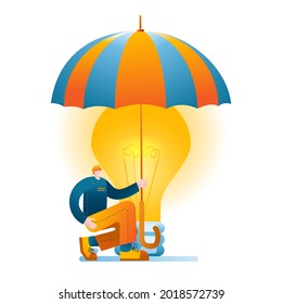The character defends his idea under an umbrella. Vector illustration in a flat style. An illustration on the topic of copyright protection and ideas.