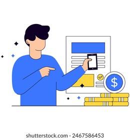 Character Demonstrating Contactless Payment System via Smartphone with dollar sign