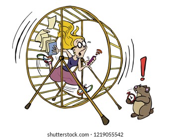 Character Denisse running inside a hamster wheel as a metaphor of working too much but having no impact. 