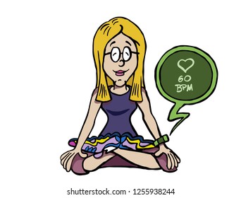 Character Denisse sitting in Lotus position and meditating, tracking her heartbeat with a wireless device. 