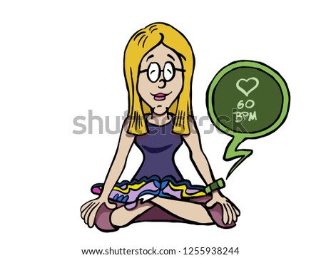Character Denisse sitting in Lotus position and meditating, tracking her heartbeat with a wireless device. 