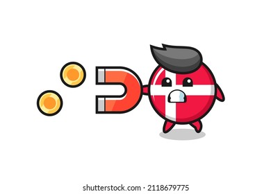 el personaje de la insignia de la bandera de dinamarca sostiene un imán para capturar las monedas de oro , diseño de estilo lindo para camiseta, pegatina, elemento logo