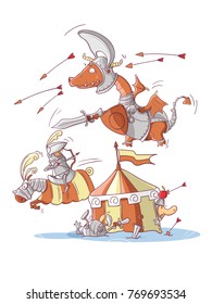 A character design about a knight with a sword against a flying dragon