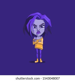 character design. angry and upset violet girl with violet hair. girl dressed in a yellow sweater and yellow shoes. she clasped her hands. vector illustration on a purple background