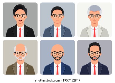 diseño de caracteres al estilo avatar. hombre con pelo, sin pelo, barba, bigote, sonriente, feliz, joven, viejo y con gafas. en un conjunto de paquetes
