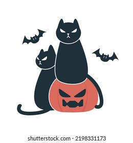 Character design black cats sitting on pumpkin and bats for Halloween. Vector isolated on white background.