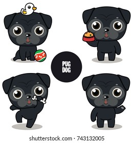 Character design of  Black Pug , Cute dog difference poses isolated on white background , Jpg included Clipping Path