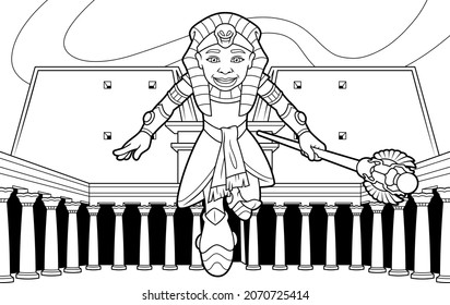 Character design. Black and white vector drawing of a boy dressed as an Egyptian holding a scepter, raised in the air, with a background of a palace behind him.