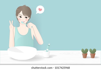 Character design with a boy brushing teeth in the bathroom. Vector illustration. 