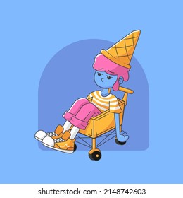 character design of a boy who rides a trolley and has ice cream on his head because he really likes ice cream but he is sad because there is no such thing as an ice cream club