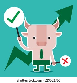 Character design and business concept. Illustration of bull symbol of stock market trend. (a series of bull vs bear)