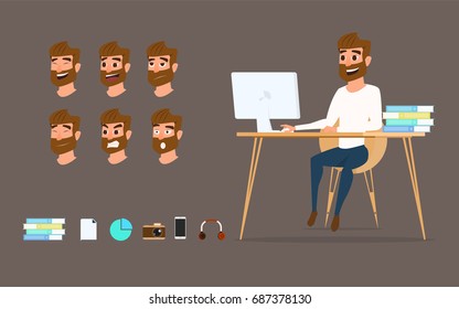 Character design. Businessman working on desktop computer with different emotions on face. Cartoon Vector Illustration.