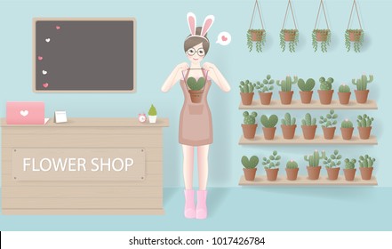 Character design with cactus lover concept with a girl seller, cute heart cactus. Flower shop. Vector illustration.