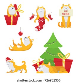 Character design in cartoon style. Yellow dog in action poses. Symbol of 2018 year. Cartoon character animal dog to holiday new year illustration