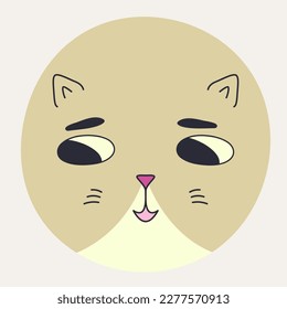 Character design, cat face. Colorful shape, abstract cat with black eyes. Cartoon icon, vector personage, face emotion. Isolated on white
