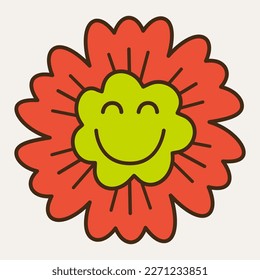 Charakterdesign, Comic Smiley Gesicht. Hübscher Avatar, kleine Blume froh. Cartoon-Kreatur, einfache Persönlichkeit, Gesichtsgefühl. Einzeln auf Weiß
