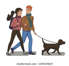 Character design. Couple man and woman is walking with a dog. Vector illustration
